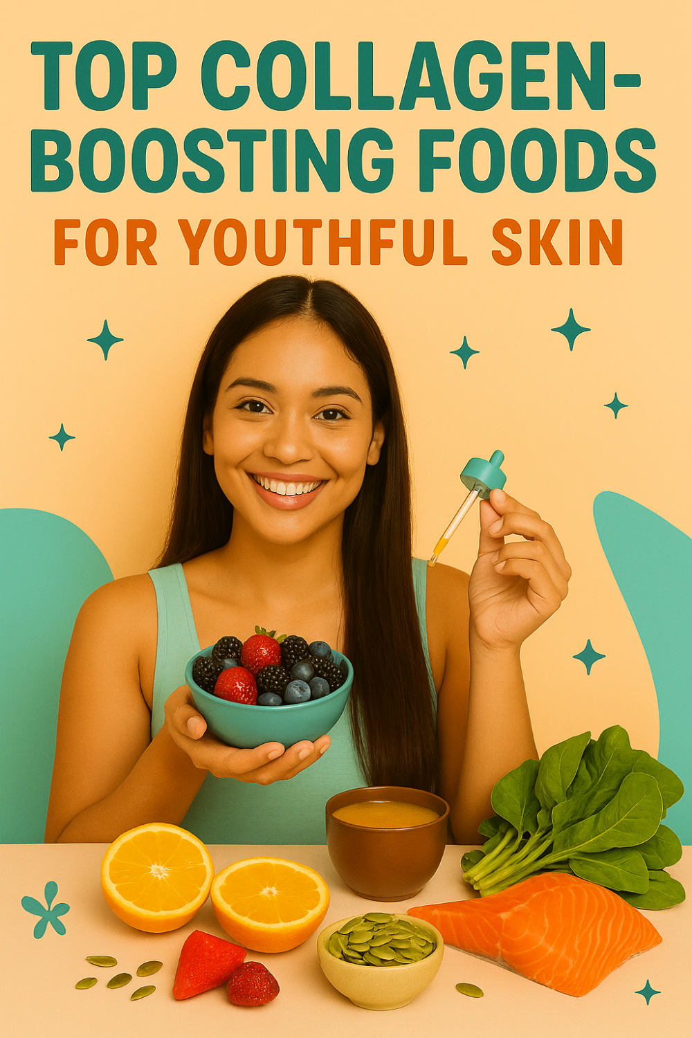 Top Collagen-Boosting Foods for Youthful Skin. A smiling woman holds a bowl of fresh berries and a dropper of serum, surrounded by colorful, nutritious ingredients like salmon, spinach, oranges, pumpkin seeds, and berries that naturally enhance collagen production.