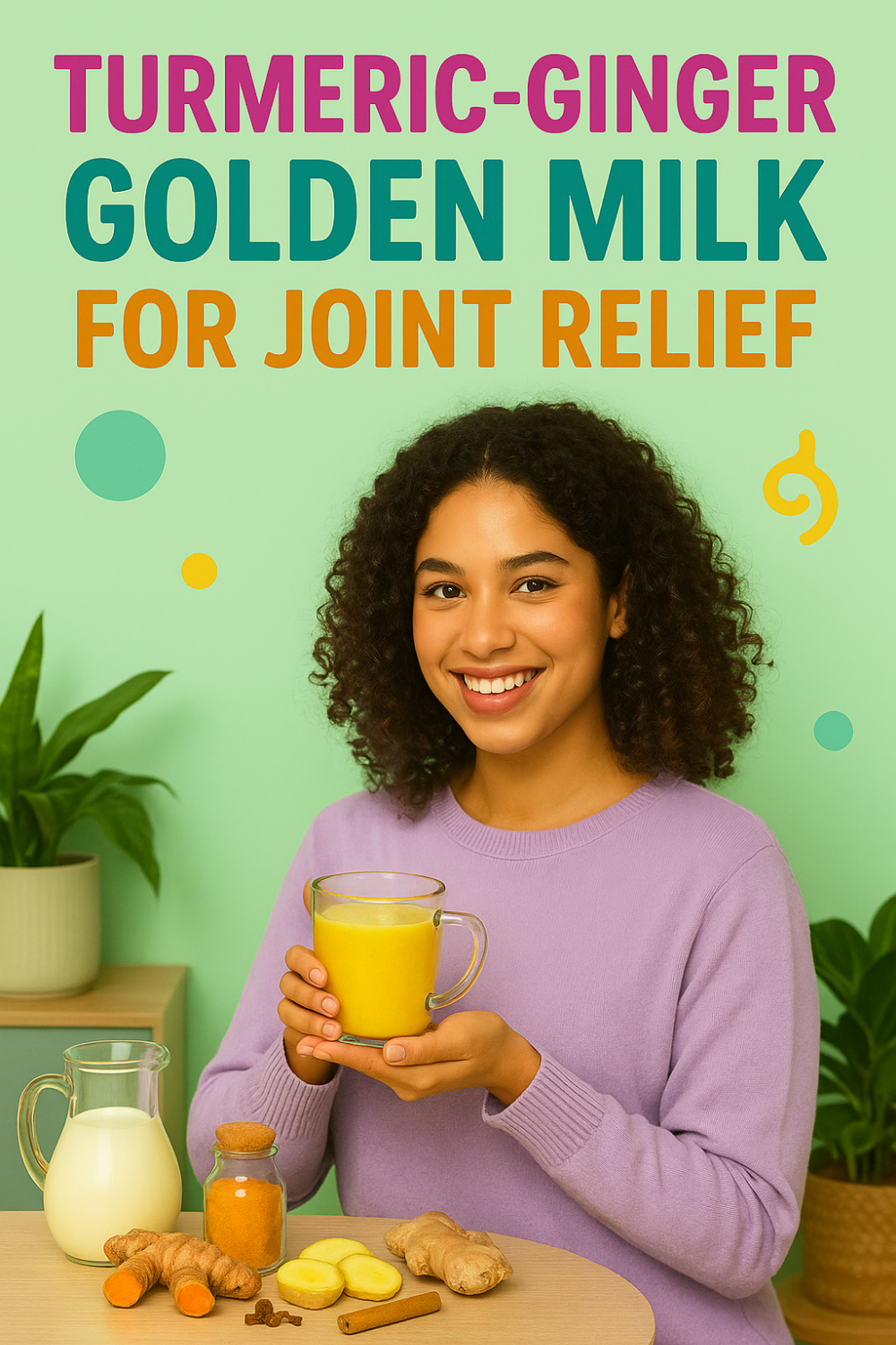 Turmeric-Ginger Golden Milk for Joint Relief – smiling woman holds a bright yellow mug; milk jug, turmeric jar, ginger roots and spices sit on the table.