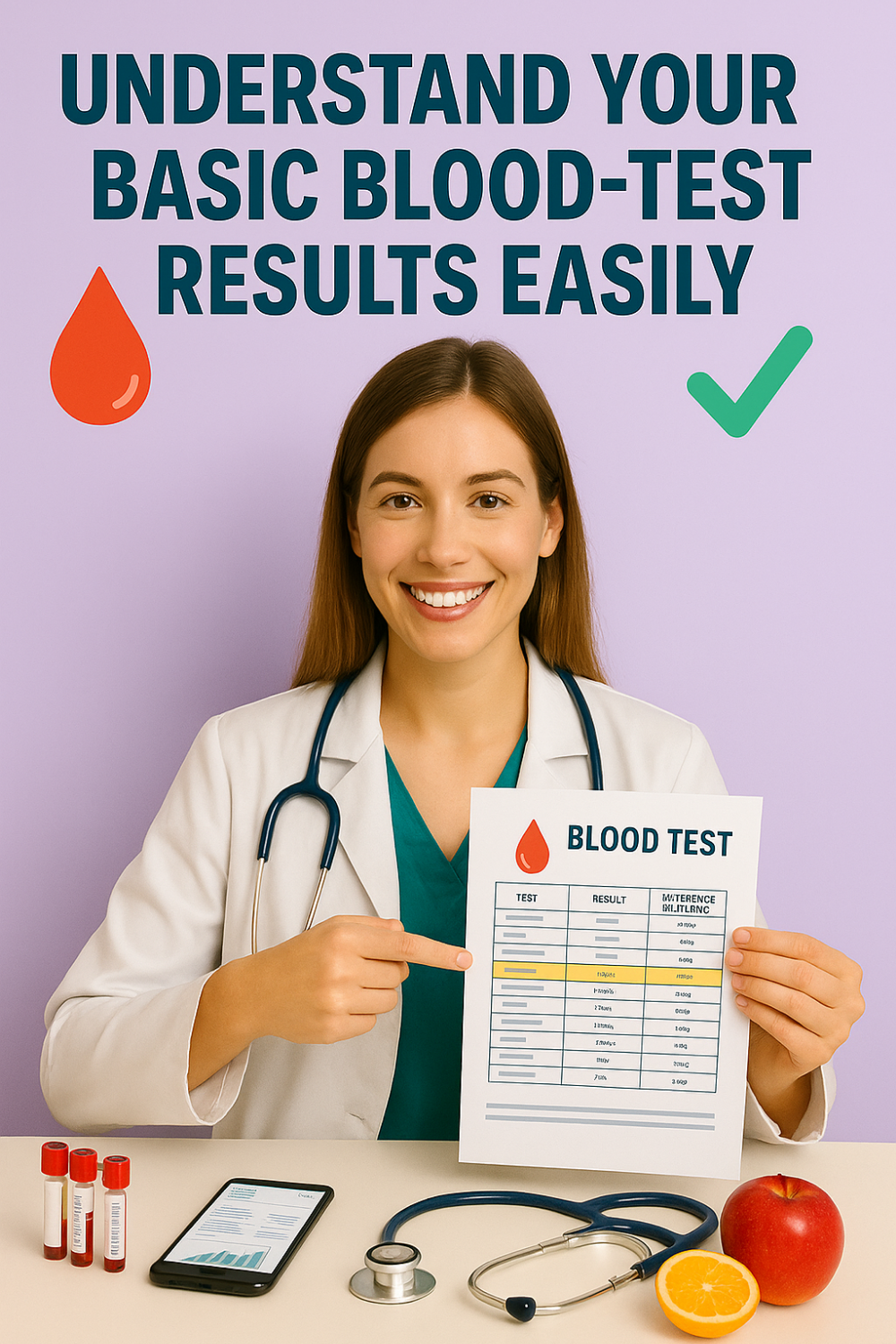 Smiling doctor pointing at blood test results sheet with medical items on table.