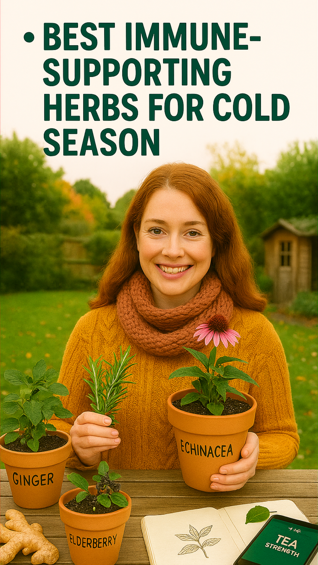 Woman holding pots of immune-supporting herbs ginger, elderberry, echinacea, and rosemary outdoors.
