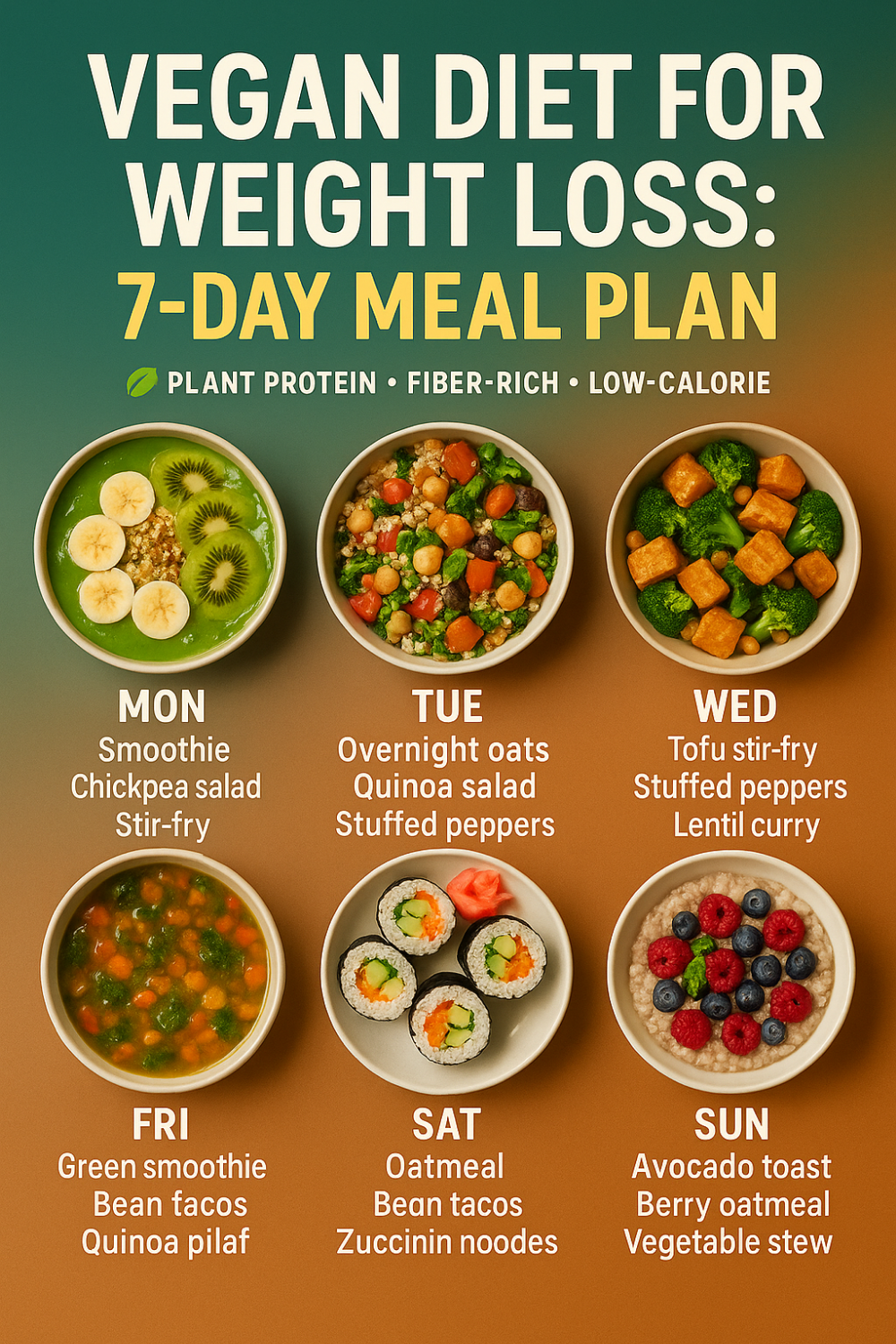Vegan weight-loss 7-day meal plan graphic showing six vibrant bowls of plant-based dishes and a daily menu lineup for each weekday.