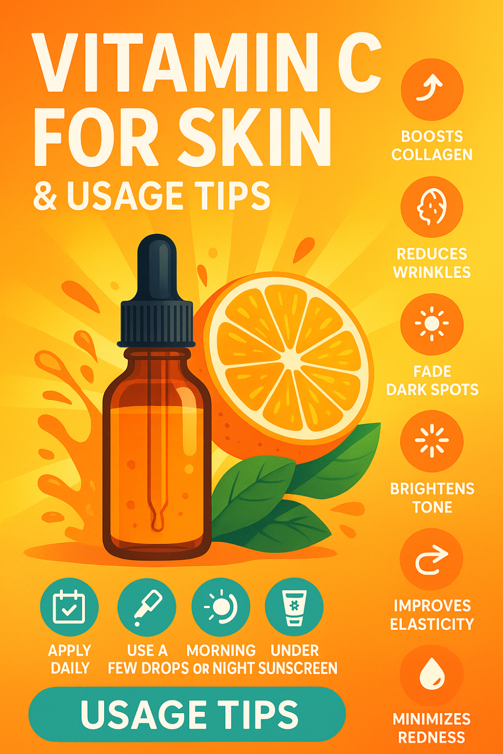 Smiling woman holding a dropper bottle of vitamin C serum next to a sliced orange against a bright, sunlit backdrop; alongside are vibrant icons listing skin-transforming benefits—boosts collagen, reduces wrinkles, fades dark spots, brightens tone, improves elasticity, minimizes redness—and usage tips below: apply daily, use a few drops morning or night, and always follow with sunscreen.