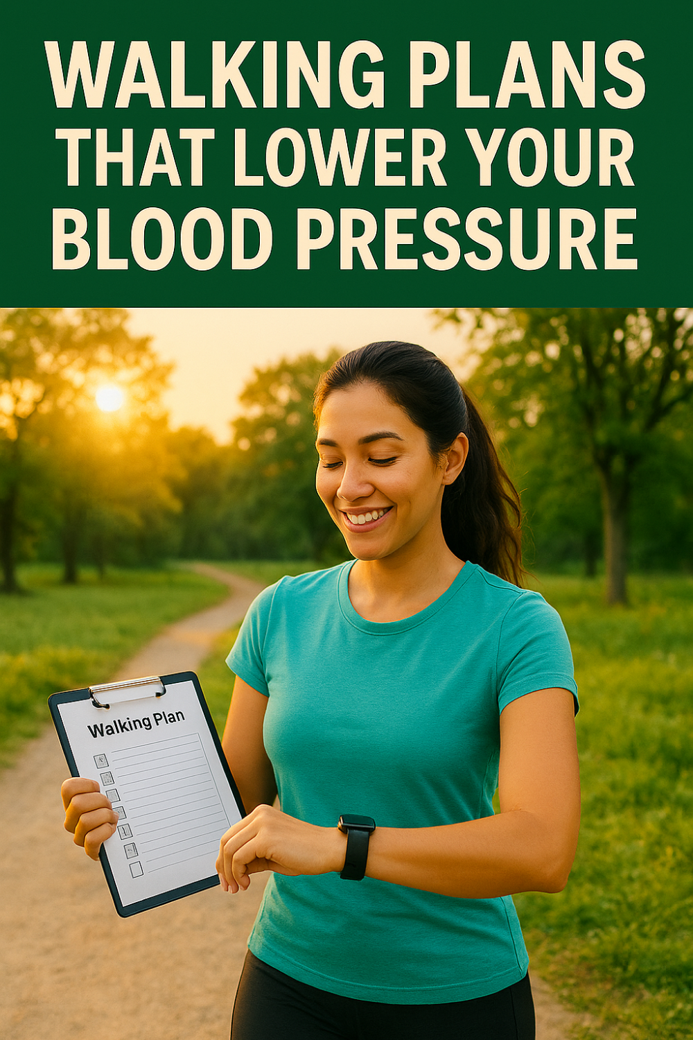 Smiling woman outdoors checking her walking plan clipboard, wearing fitness clothing and a smartwatch.