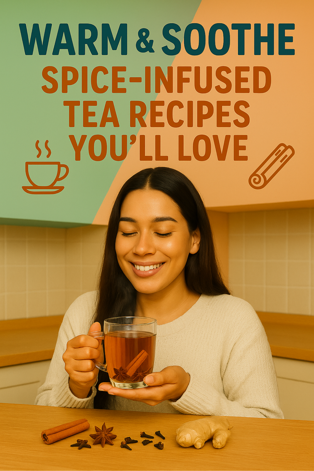 A smiling woman holds a steaming mug of cinnamon-and-star-anise tea, with ginger, cloves, and cinnamon sticks on the table, illustrating comforting spiced tea blends to warm and soothe.