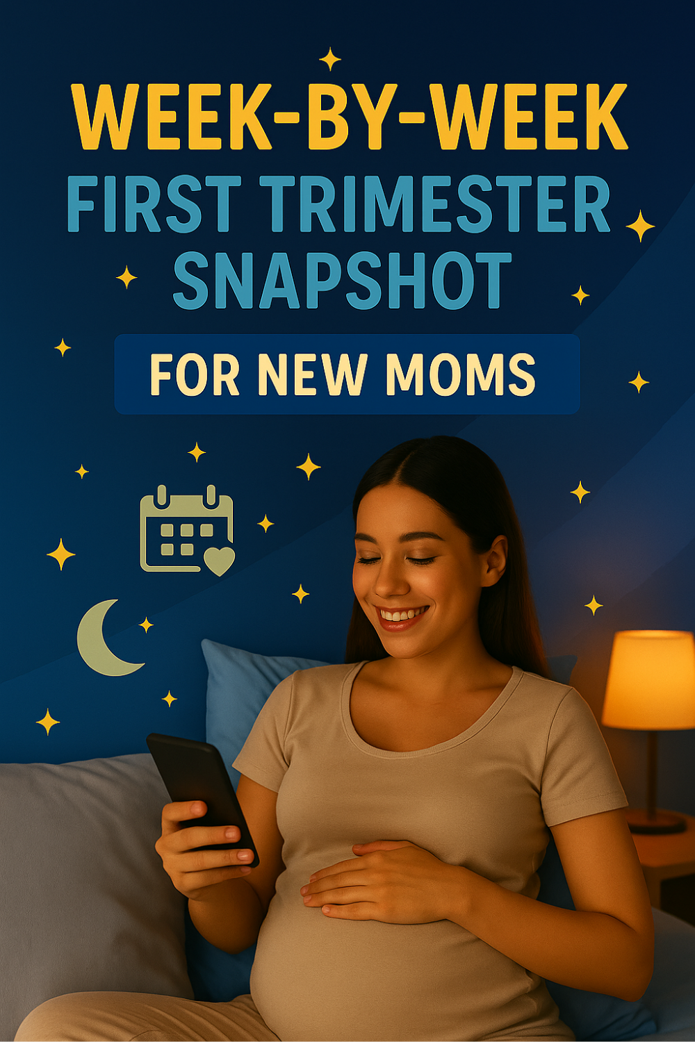 Expectant mom relaxing in bed, hand on her growing belly and phone in the other, reading a week-by-week first-trimester overview that lights up the starry, night-blue backdrop.