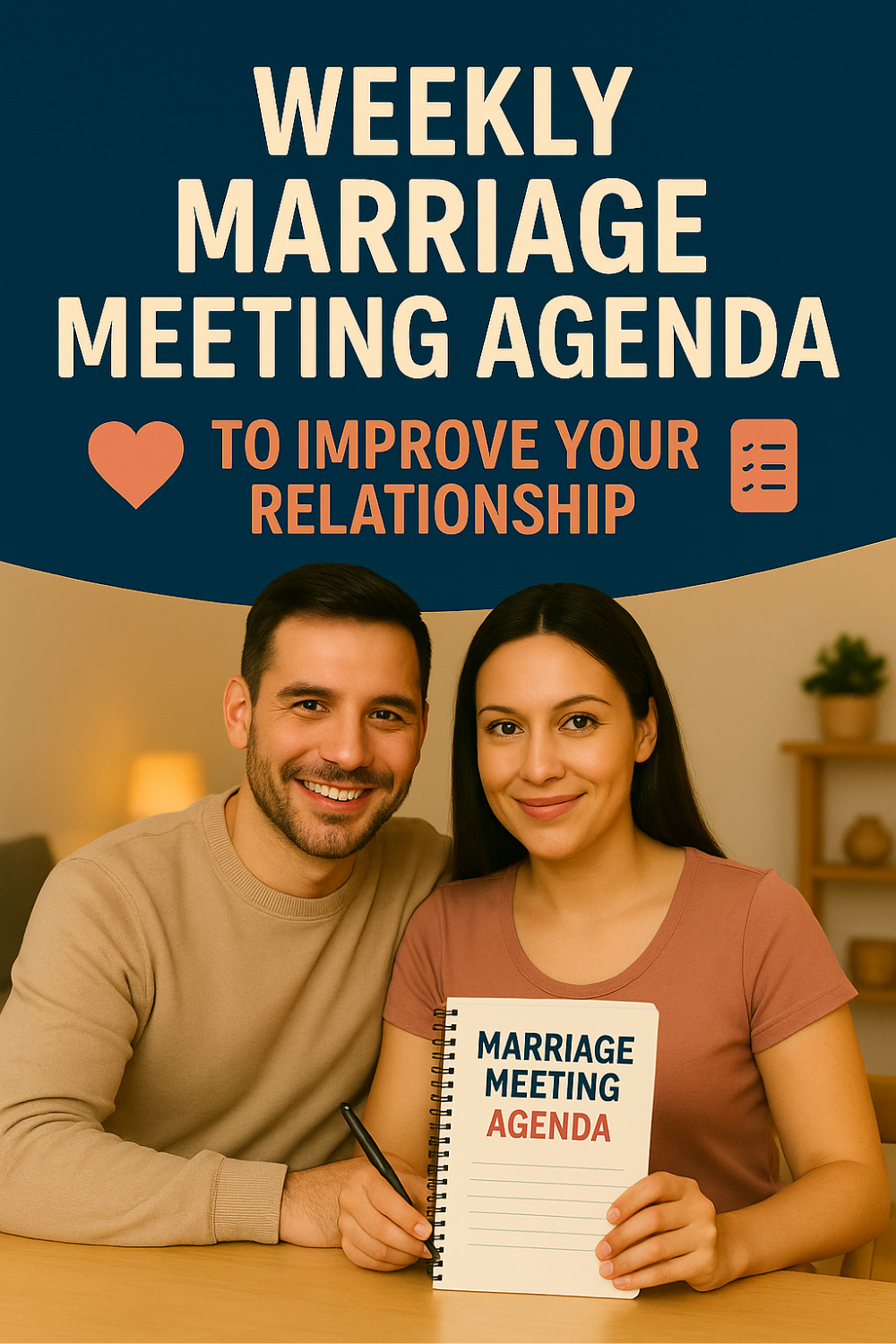 Smiling couple sits together holding a “Marriage Meeting Agenda” notebook and pen, modeling a simple weekly check-in plan to nurture communication and strengthen their relationship.