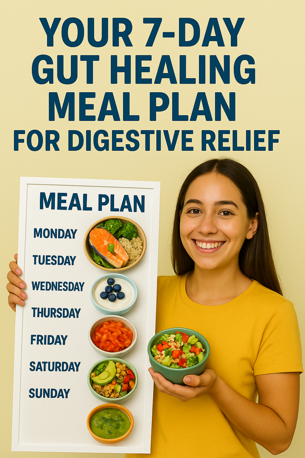 Smiling woman holding a board with a 7-day gut-healing meal plan featuring bowls of salmon with broccoli and quinoa, yogurt with blueberries, kimchi, avocado grain bowl, green soup, and more, while presenting a fresh veggie salad for digestive relief