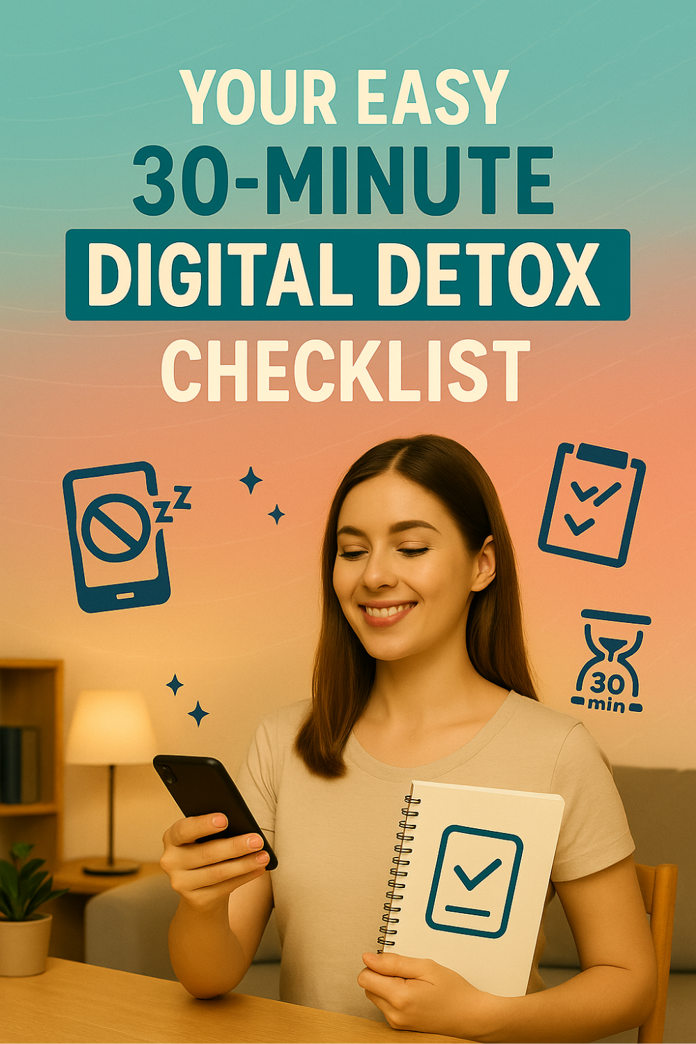 Young woman begins a half-hour screen break—checking her phone one last time before focusing on a notebook checklist—while icons of a sleeping phone, ticking 30-minute hourglass, and check marks highlight a quick digital detox.