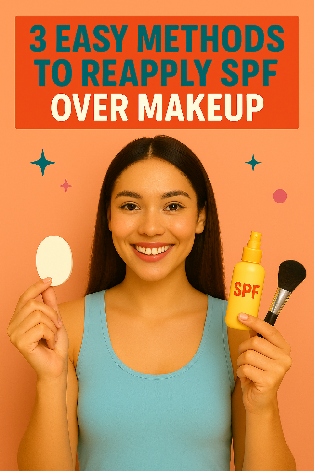 Smiling woman holding a makeup sponge, SPF spray bottle, and makeup brush, demonstrating 3 easy methods to reapply SPF over makeup.