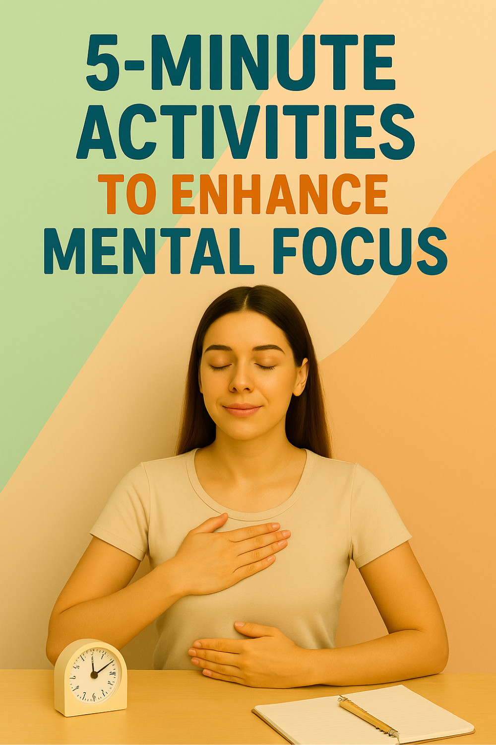 A woman practices a short breathing exercise—one hand on her chest, the other on her abdomen—next to a small clock and an open notebook, illustrating a quick five-minute routine to sharpen mental focus.