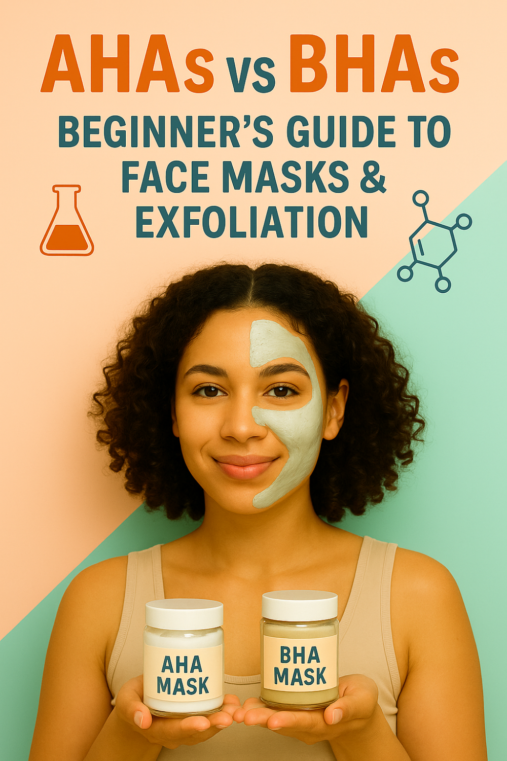 Smiling woman with green mask on half her face holds AHA and BHA mask jars against a peach and mint background, showing AHAs vs BHAs beginner’s guide to face masks & exfoliation.