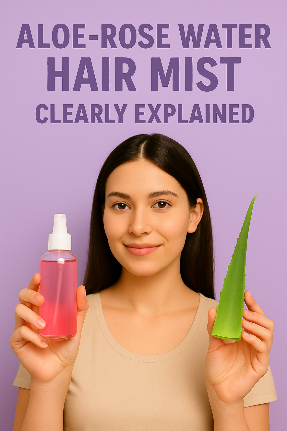 Smiling woman holds a pink hair mist spray and a fresh aloe leaf against a lavender backdrop, illustrating an aloe-rose water hair mist clearly explained.