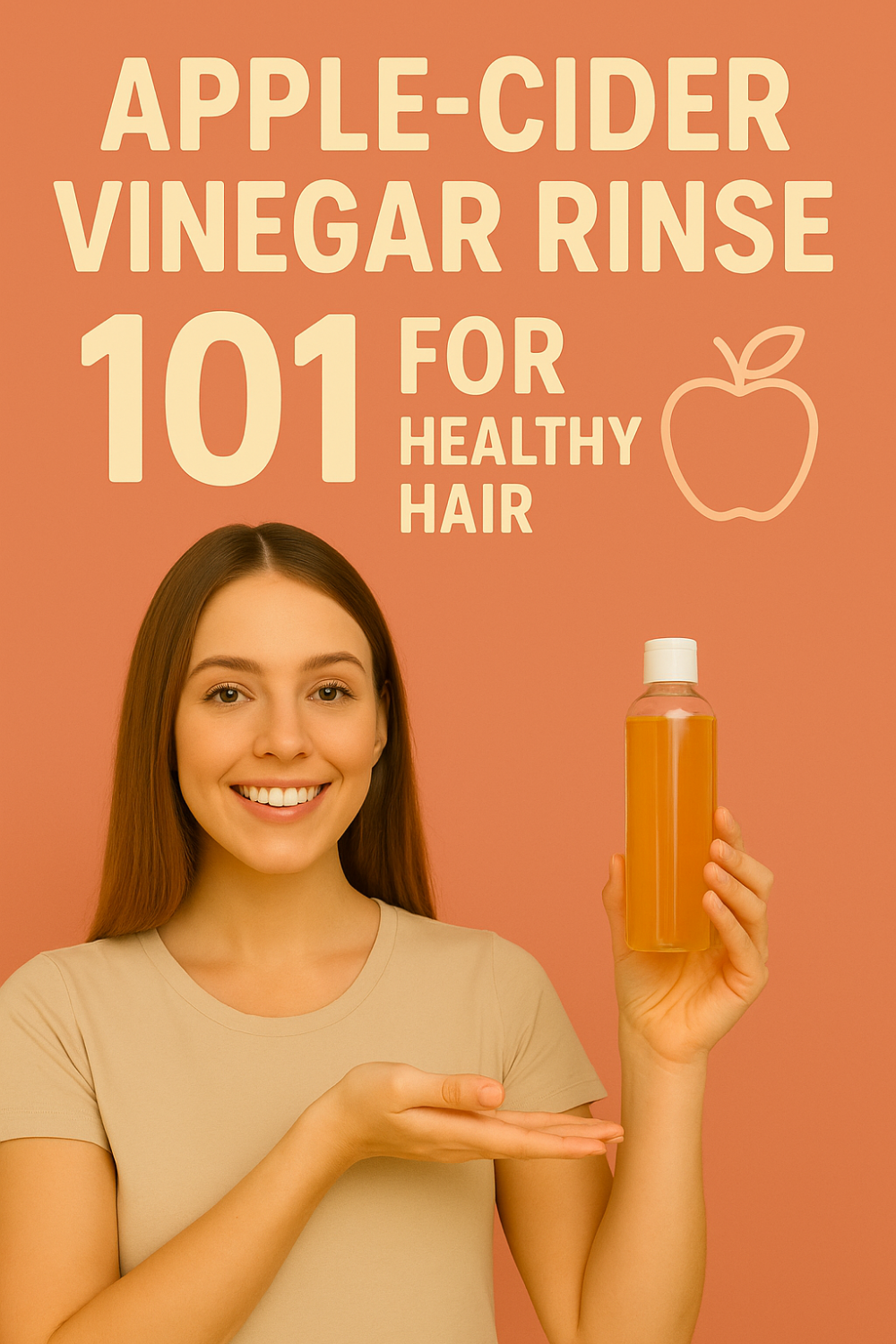 Smiling woman presents a bottle of amber apple-cider vinegar rinse against a warm orange backdrop, illustrating Apple-Cider Vinegar Rinse 101 for healthy hair.
