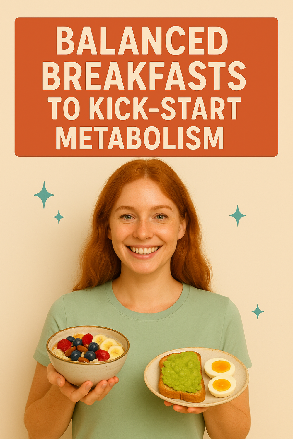 Smiling woman holding a bowl of berry-topped oatmeal in one hand and a plate with avocado toast and boiled eggs in the other, under the title “Balanced Breakfasts to Kick-Start Metabolism.”