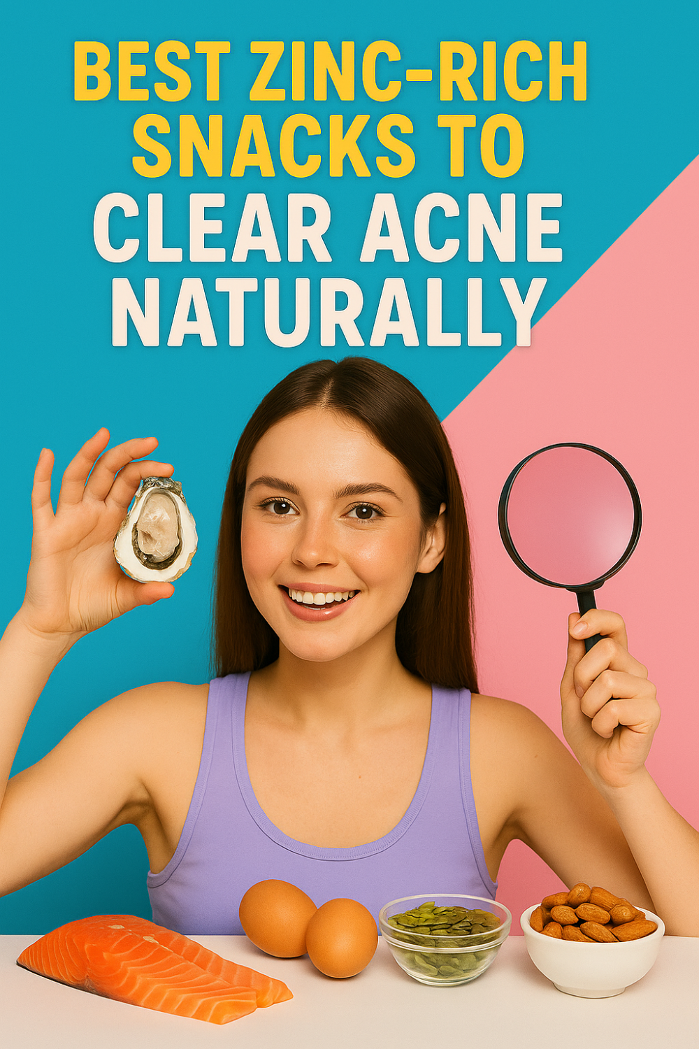 Smiling woman holding an oyster in one hand and a magnifying glass in the other, sitting behind a table with salmon, eggs, pumpkin seeds, and almonds. The headline reads: "Best Zinc-Rich Snacks to Clear Acne Naturally."