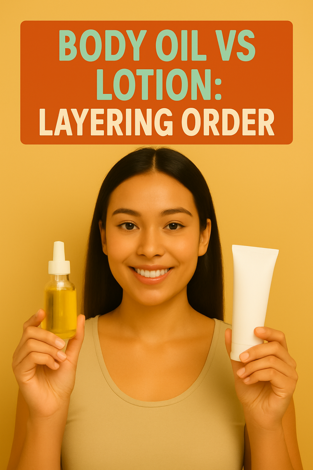 Smiling woman holds a dropper bottle of body oil in one hand and a lotion tube in the other beneath the title “Body Oil vs Lotion: Layering Order.”