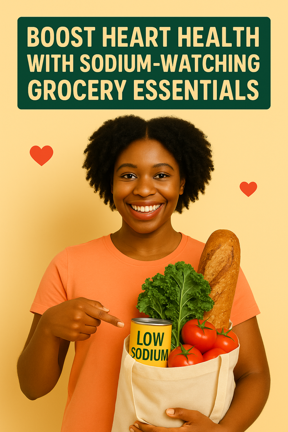 A smiling woman holds a tote filled with kale, tomatoes, a baguette, and a can labeled “Low Sodium” beneath the headline “Boost Heart Health with Sodium-Watching Grocery Essentials