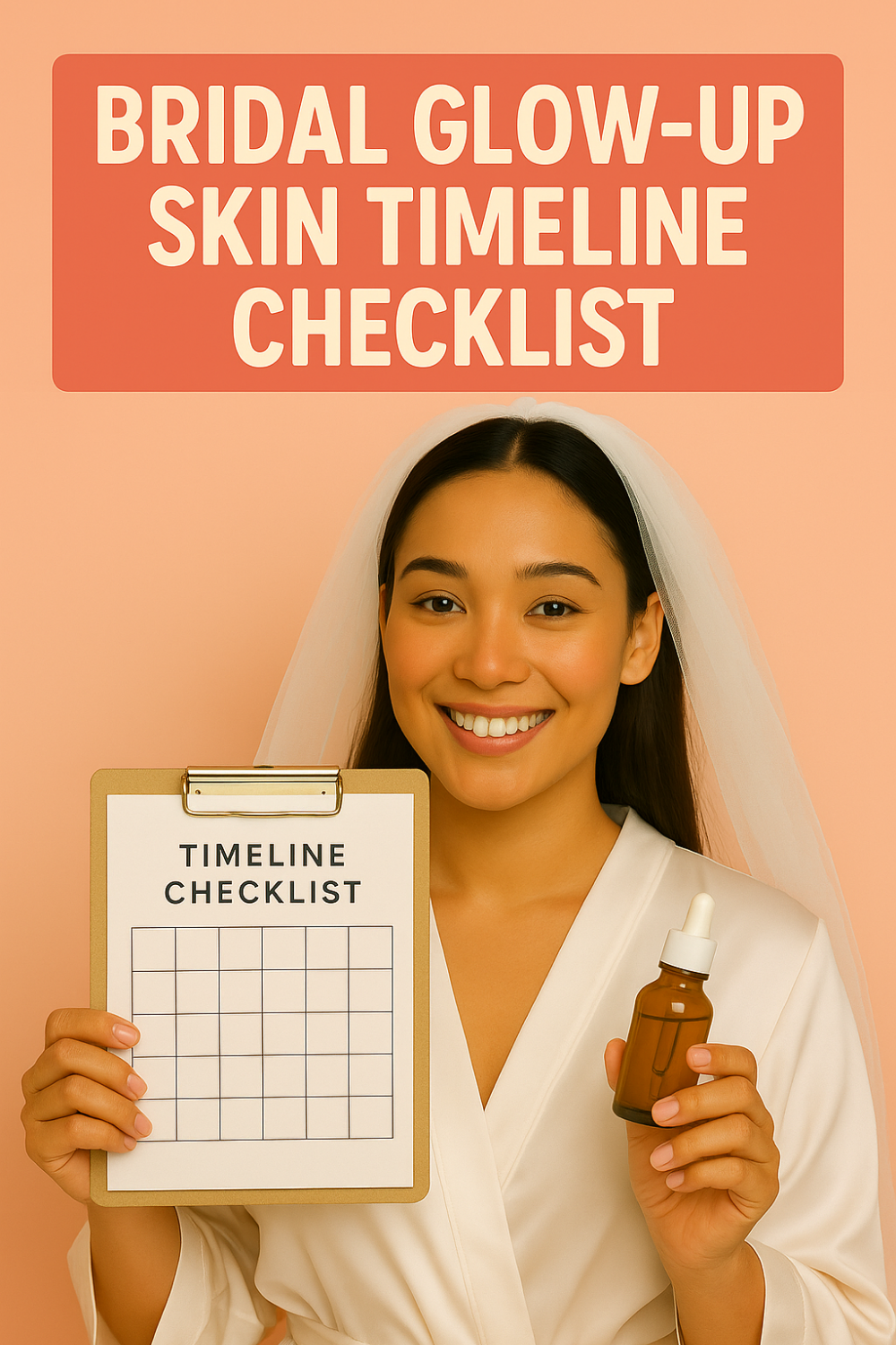 A smiling bride wearing a white robe and veil holds up a clipboard showing a blank timeline checklist grid in one hand and a small amber dropper bottle in the other beneath the header “Bridal Glow-Up Skin Timeline Checklist.”