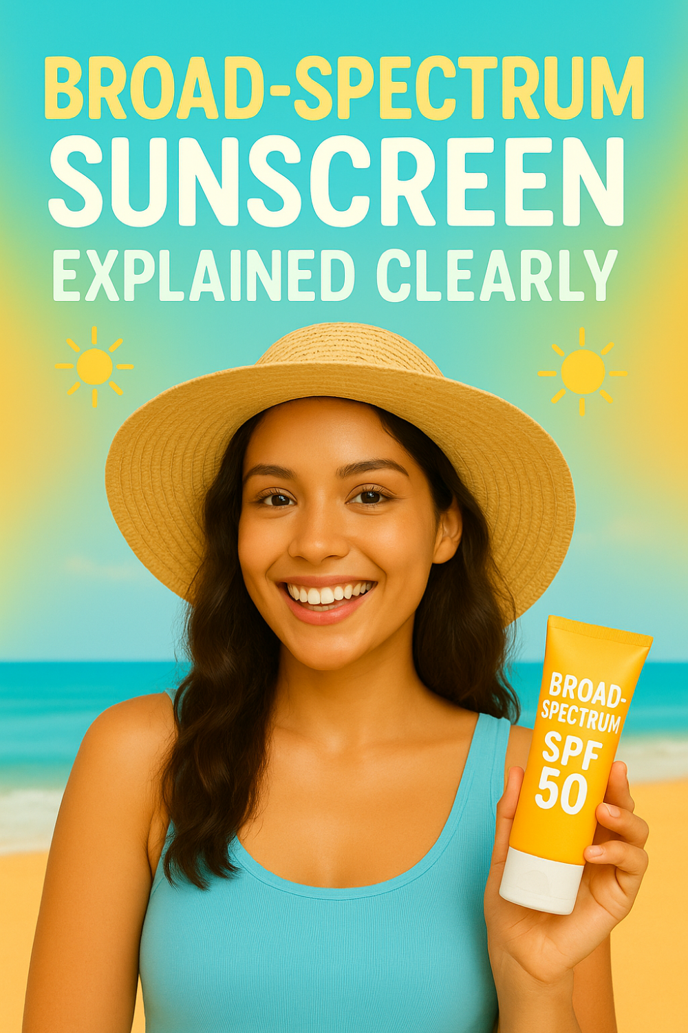 Smiling woman at the beach wearing a sunhat and holding a tube labeled "Broad-Spectrum SPF 50," illustrating broad-spectrum sunscreen explained clearly.