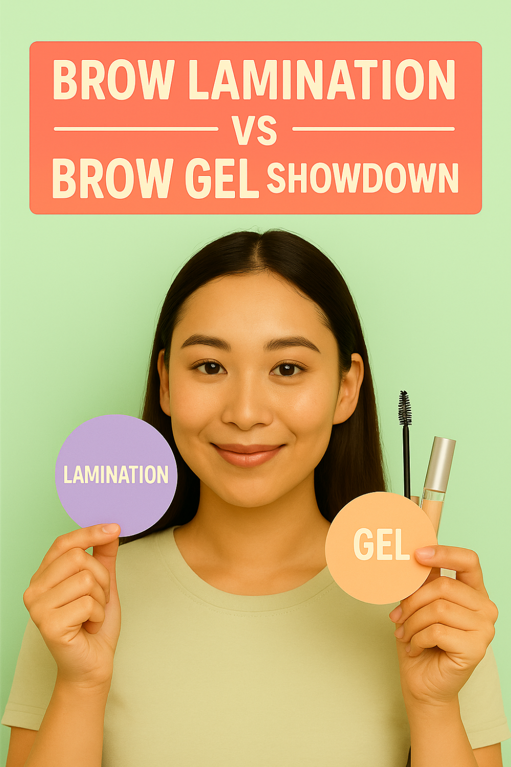 Woman smiling, holding two cards labeled “Lamination” and “Gel” beneath the heading “Brow Lamination vs Brow Gel Showdown