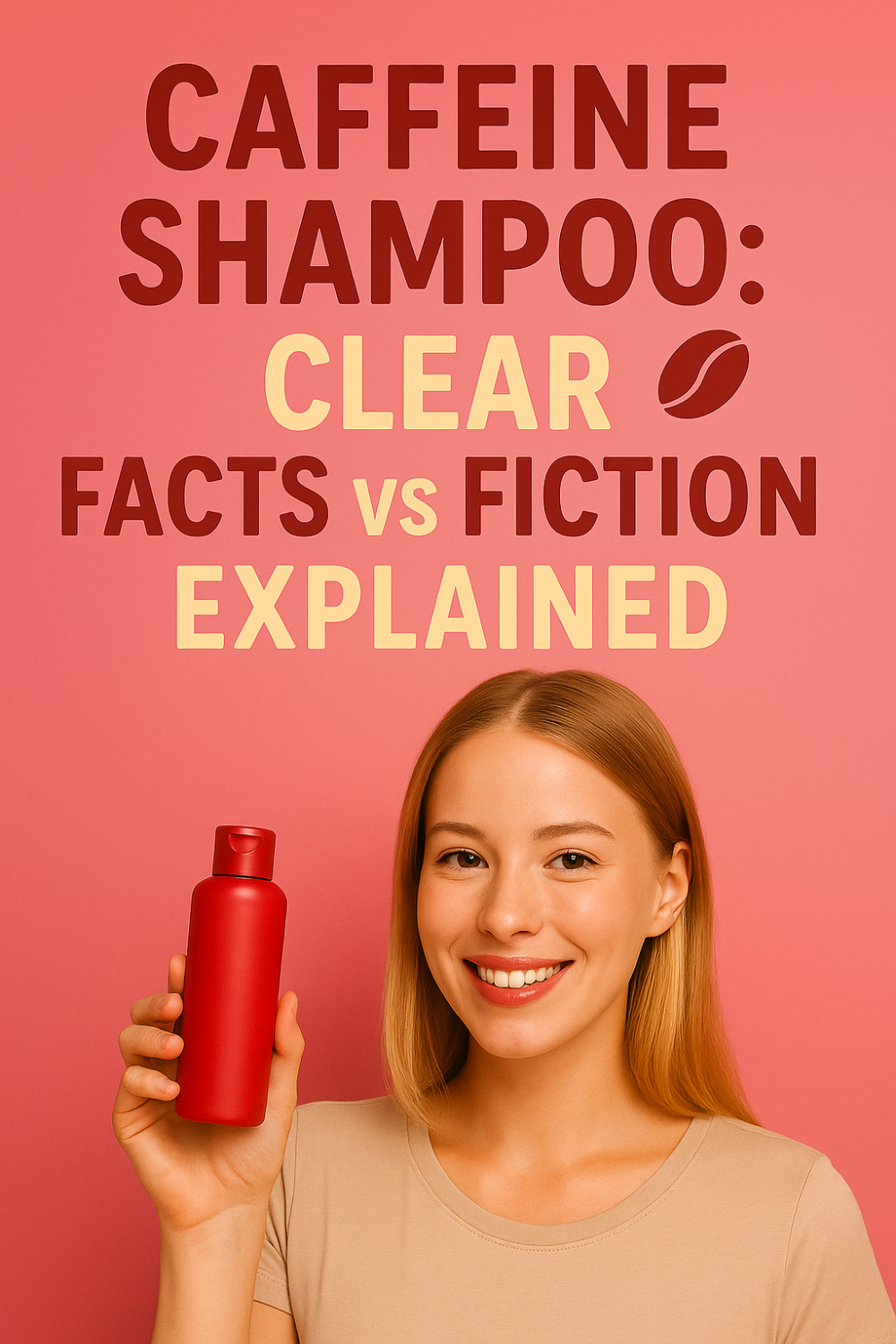 Smiling woman holds red caffeine shampoo bottle against a pink backdrop, presenting clear facts vs fiction explained.