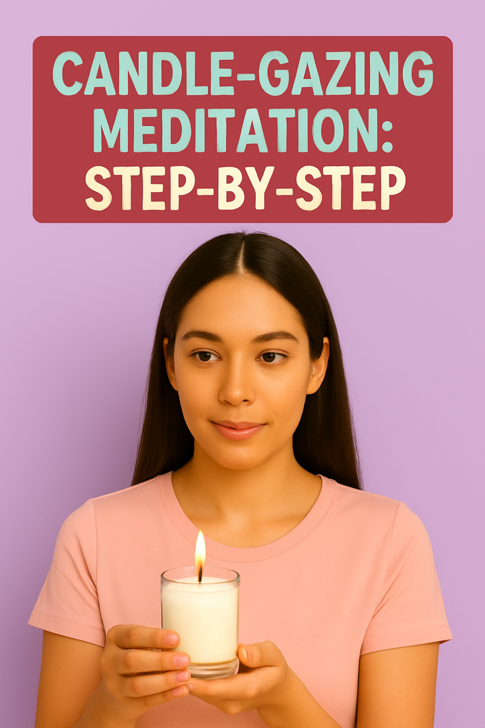 A calm-looking young woman with long dark hair stands against a soft lavender background, wearing a pale pink T-shirt. She holds a small glass candle with a steady flame at chest level and gazes at it. Above her head, bold two-color text reads “CANDLE-GAZING MEDITATION: STEP-BY-STEP.”