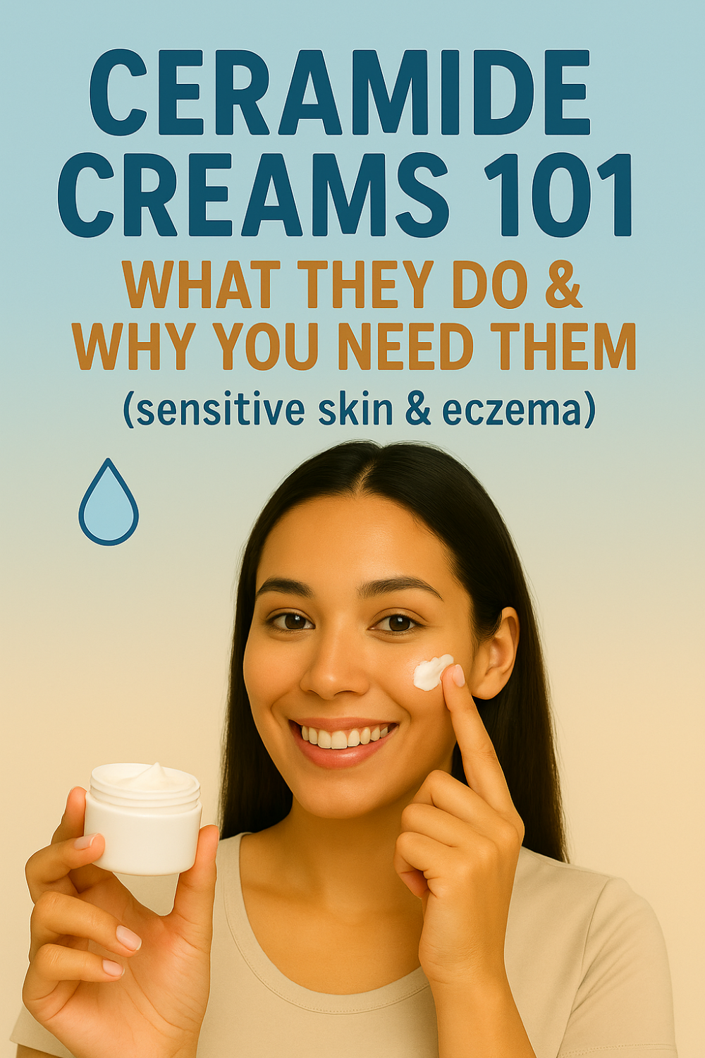 Woman smiling and holding a jar of ceramide cream, gently applying a dollop to her cheek to show how ceramide creams strengthen skin barrier and soothe sensitive skin and eczema.