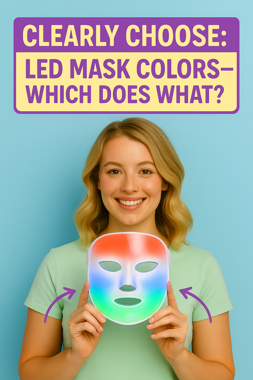 Woman smiling, holding a multicolor LED facial mask beneath the heading “Clearly Choose: LED Mask Colors—Which Does What?”