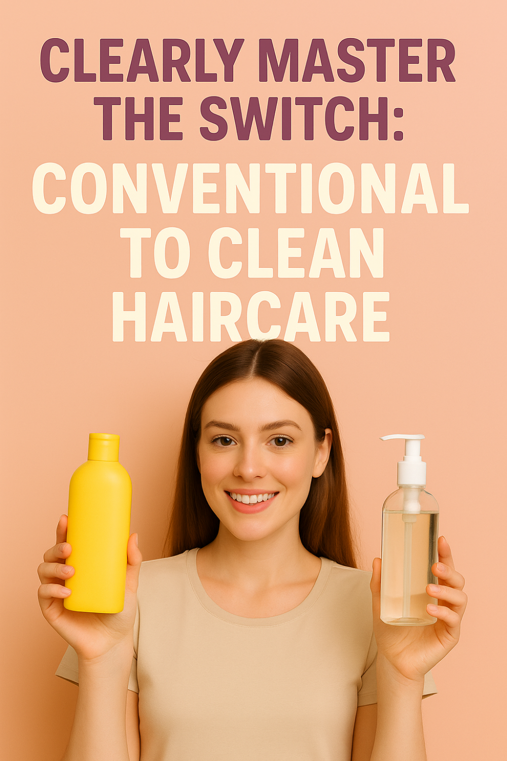 Smiling woman holds a yellow shampoo bottle and a clear-pump bottle against a peach backdrop, clearly mastering the switch from conventional to clean haircare.