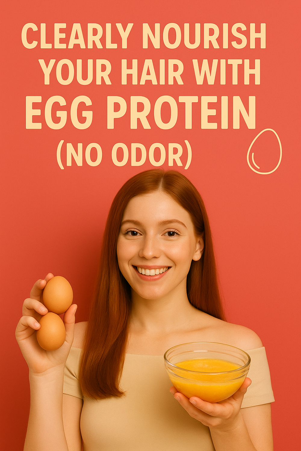 Smiling redheaded woman holds two eggs in one hand and a bowl of egg protein mixture in the other against a red backdrop, clearly nourishing her hair with egg protein (no odor).
