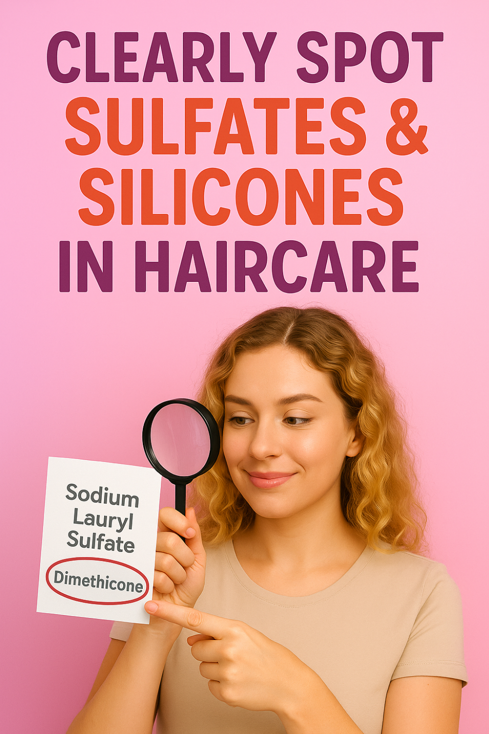 Woman peers through a magnifying glass at a list showing “Sodium Lauryl Sulfate” and circled “Dimethicone” on a pink backdrop, clearly spotting sulfates & silicones in haircare.