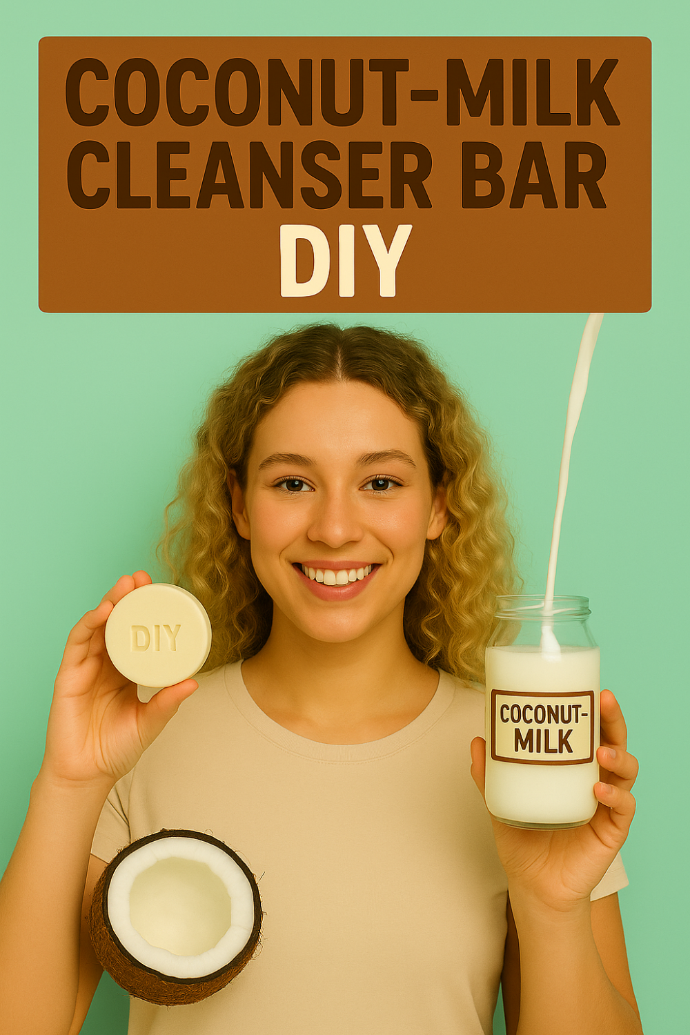 Smiling woman holding a homemade cleanser bar and pouring coconut milk, with the title “Coconut-Milk Cleanser Bar DIY.”