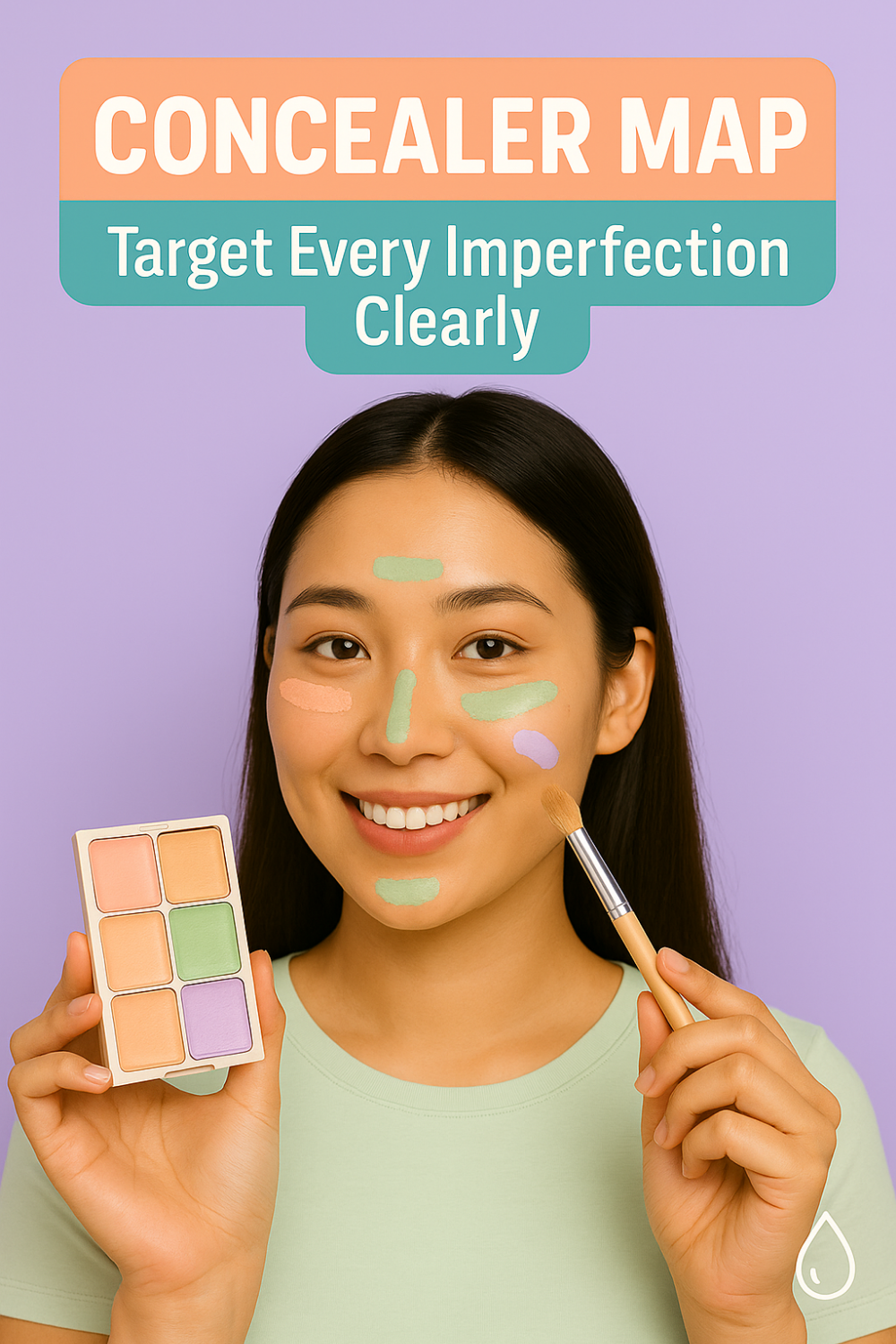 Smiling woman with color-correcting concealer spots on her face, holding a concealer palette and brush beneath the text “Concealer Map: Target Every Imperfection Clearly.”