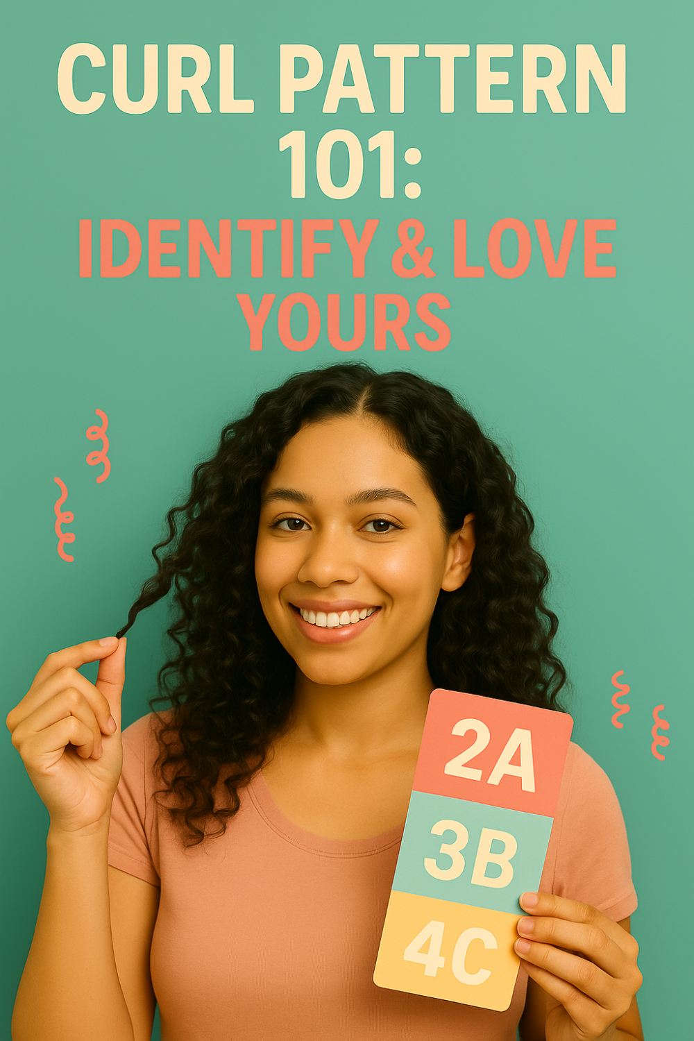 Smiling curly-haired woman holds a curl strand and a chart card labeled 2A, 3B, 4C against a teal backdrop, showcasing Curl Pattern 101: identify & love yours.