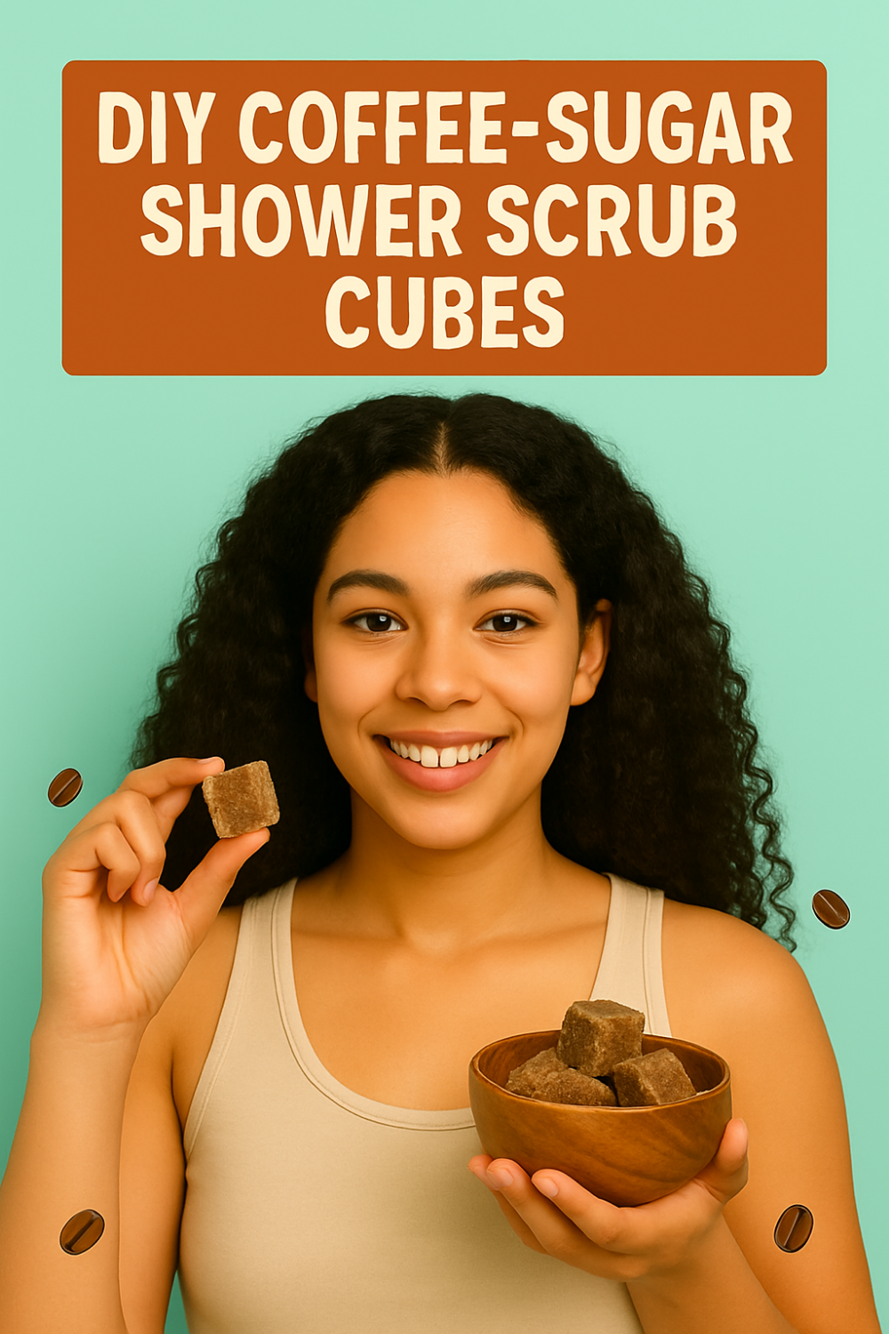 Woman smiling, holding a brown coffee-sugar scrub cube and a bowl of cubes under the headline “DIY Coffee-Sugar Shower Scrub Cubes.”