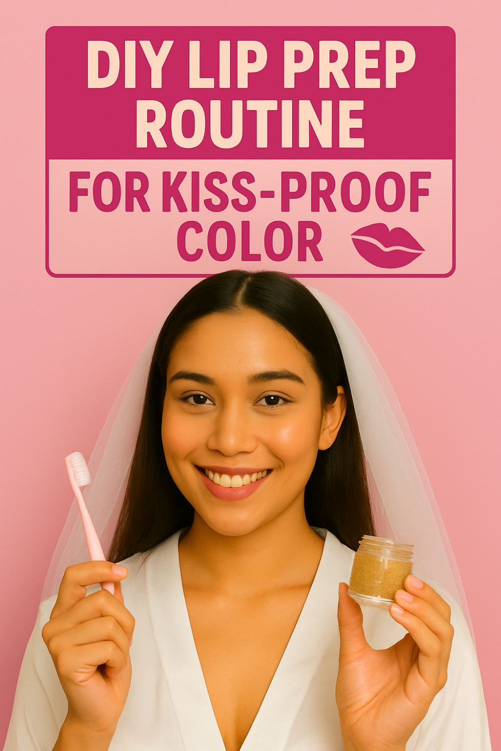 A smiling bride wearing a white robe and veil holds a pink toothbrush in one hand and a small jar of scrub in the other beneath the text “DIY Lip Prep Routine for Kiss-Proof Color.”