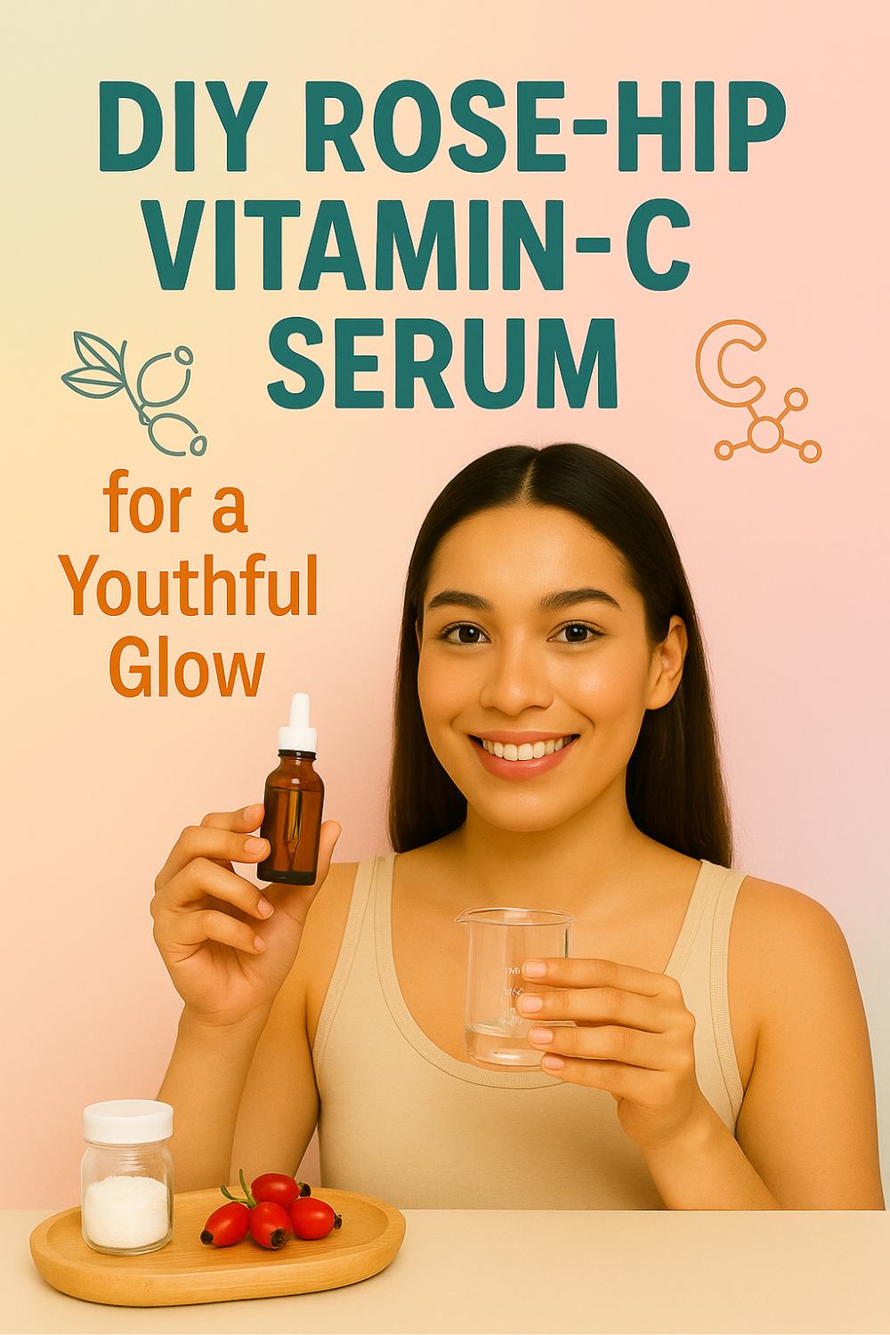 Smiling young woman holds a dropper of DIY rose-hip Vitamin C serum and a beaker, with rose hips and powder on a tray against a soft pastel gradient, showcasing a youthful glow.