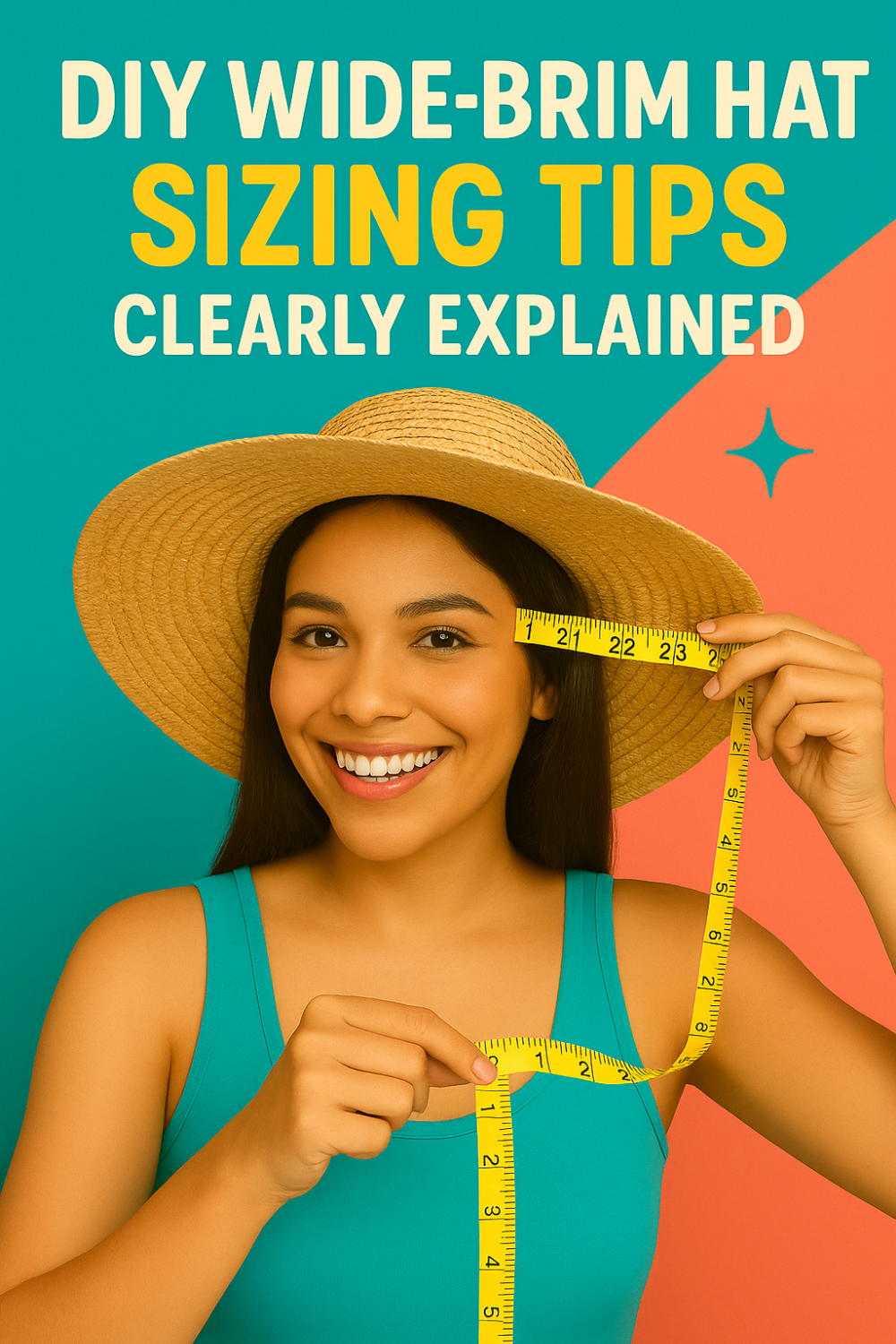 Smiling woman wearing a wide-brim hat, demonstrating DIY wide-brim hat sizing tips clearly explained by holding a yellow measuring tape around her head.