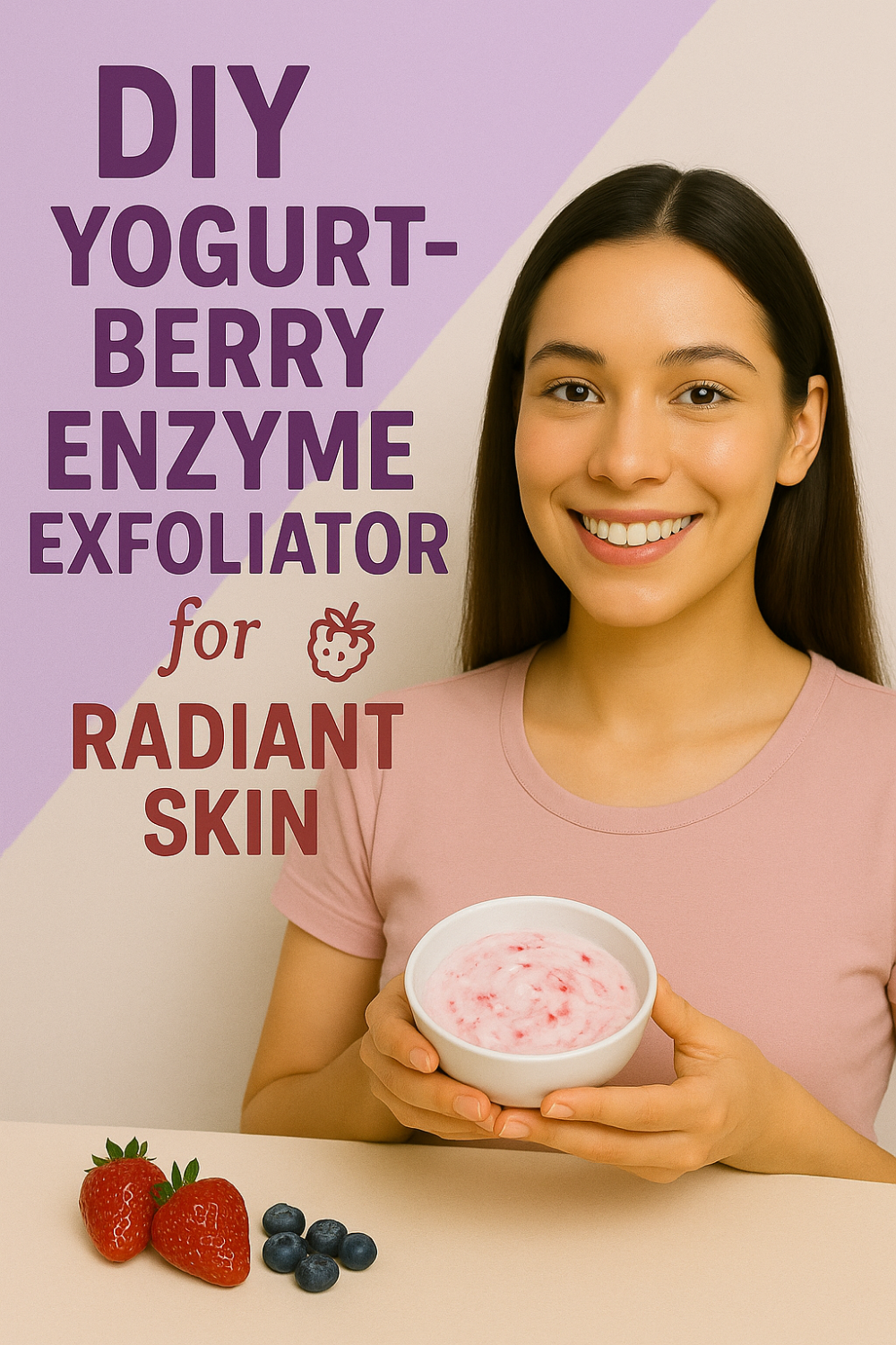 Woman smiling and holding a bowl of pink, creamy yogurt-berry enzyme exfoliator in her hands, with fresh strawberries and blueberries on the table, DIY Yogurt-Berry Enzyme Exfoliator for Radiant Skin