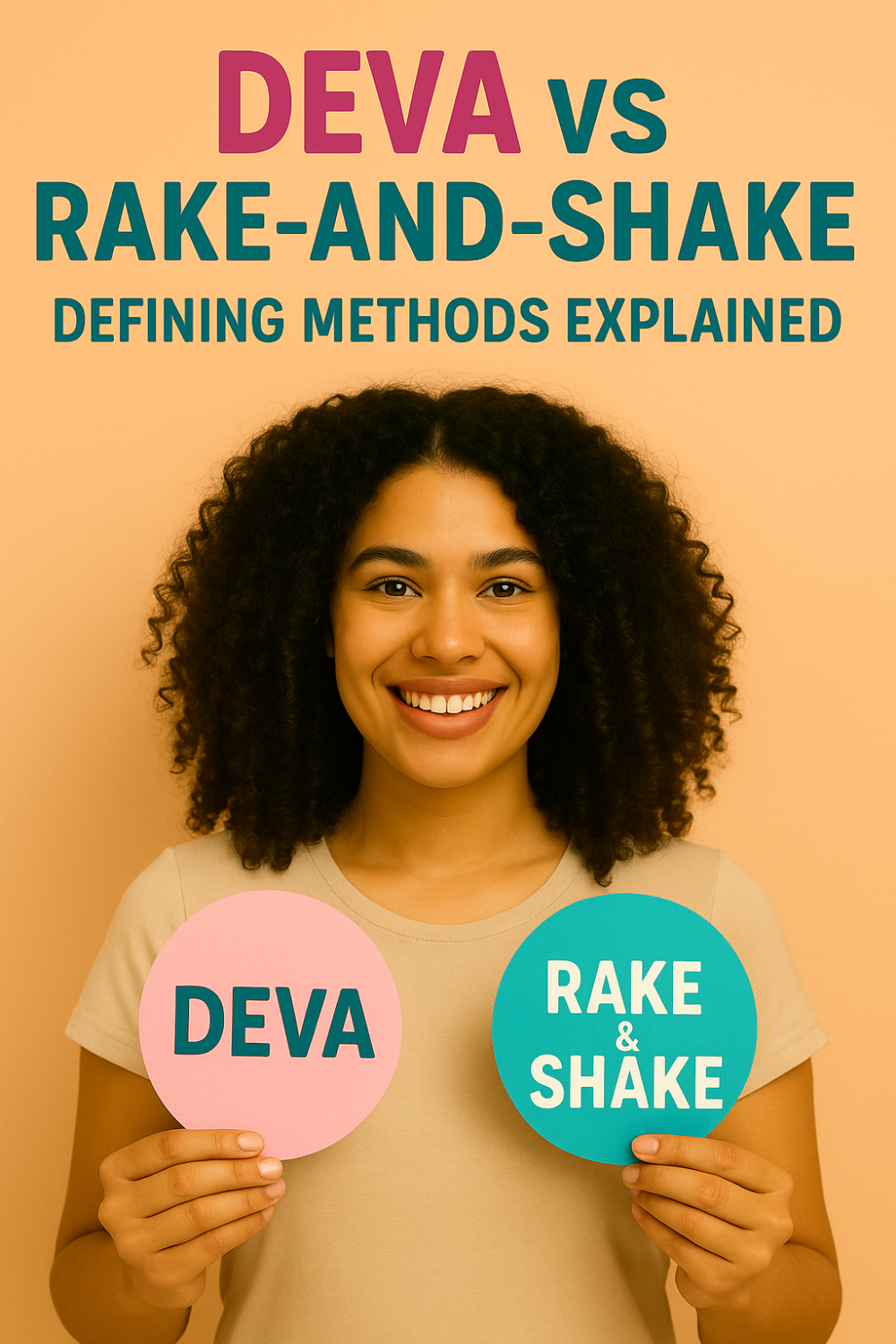 A smiling woman with voluminous curls stands against a warm peach backdrop, holding two round signs—one pink reading “DEVA” and one teal reading “RAKE & SHAKE”—beneath the bold headline “DEVA vs RAKE-AND-SHAKE Defining Methods Explained.”