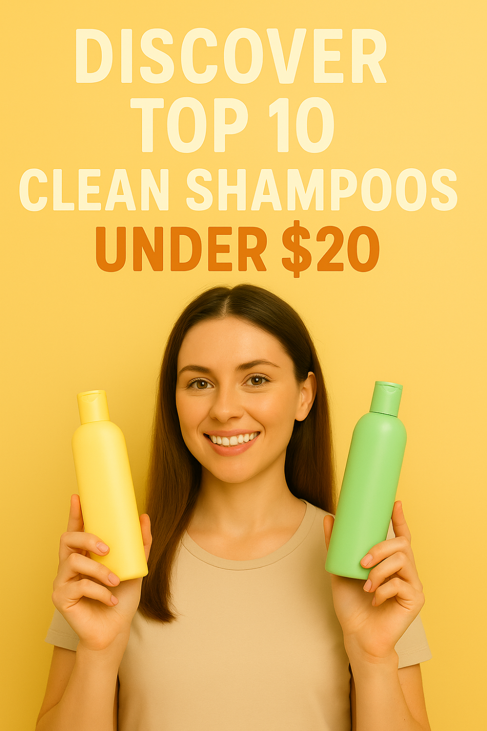 Smiling woman holds two shampoo bottles against a bright yellow backdrop, inviting you to discover the top 10 clean shampoos under $20.