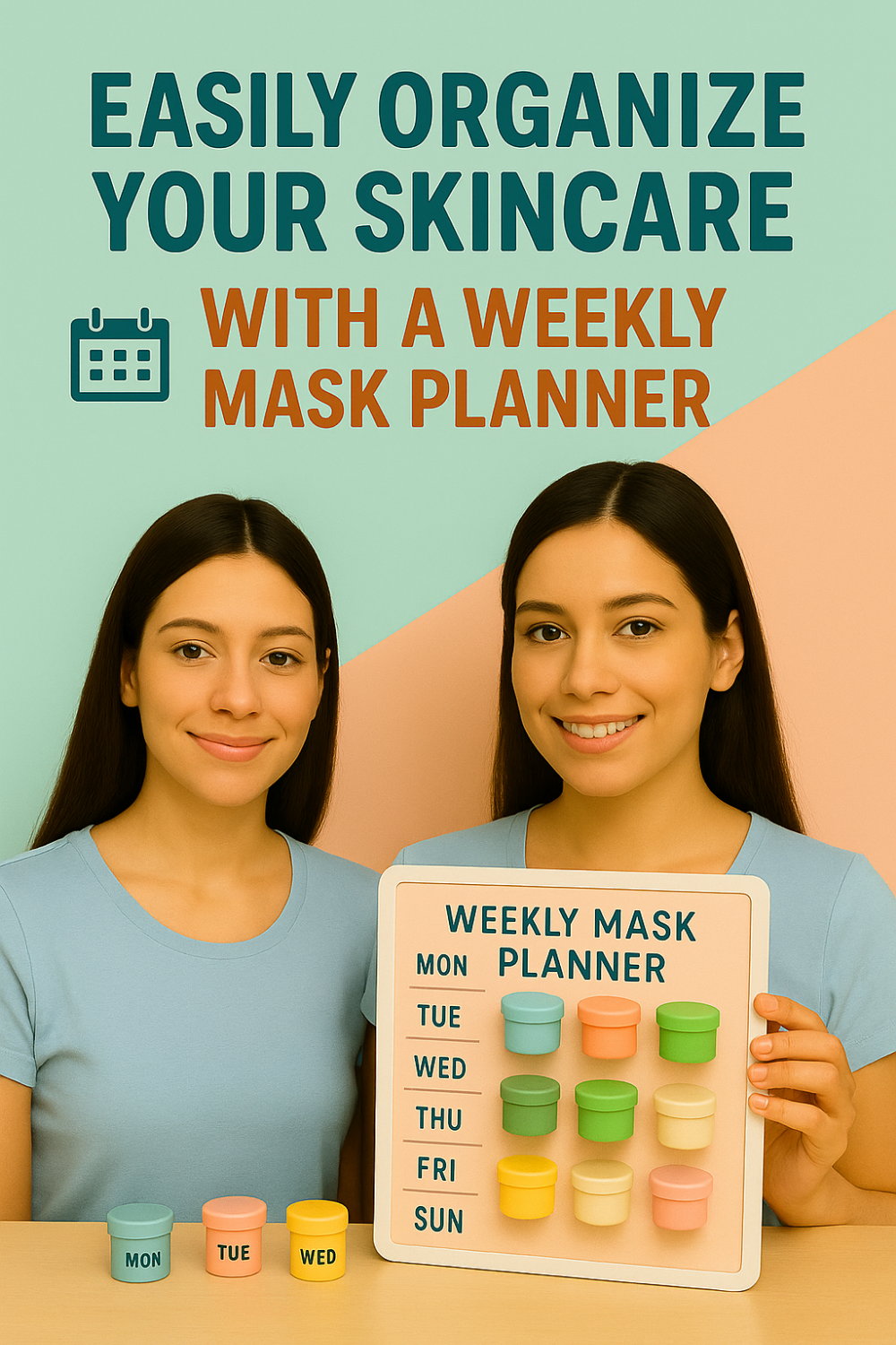 Two women wearing matching light-blue tops smile at the camera under the headline “Easily organize your skincare with a weekly mask planner.” One holds up a board labeled “Weekly Mask Planner” with columns for Mon–Sun, each day featuring a different colored mini mask jar, while three additional jars labeled Mon, Tue, Wed rest on the countertop in front of them.
