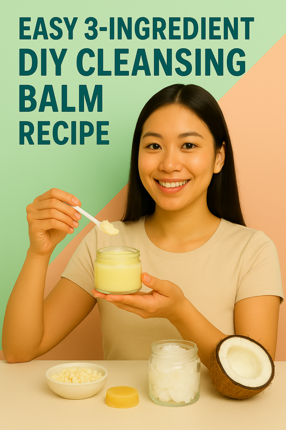 Smiling woman holds a spoonful of easy 3-ingredient DIY cleansing balm from a jar, with coconut, shea butter nuggets and beeswax disc laid out on a pastel green and peach background.
