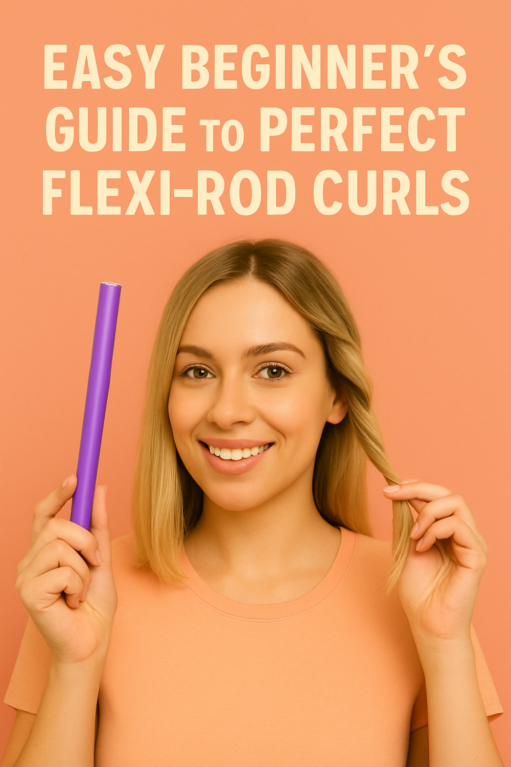 Young woman holds a purple flexi-rod and a twisted hair strand against a peach background, demonstrating the easy beginner’s guide to perfect flexi-rod curls.