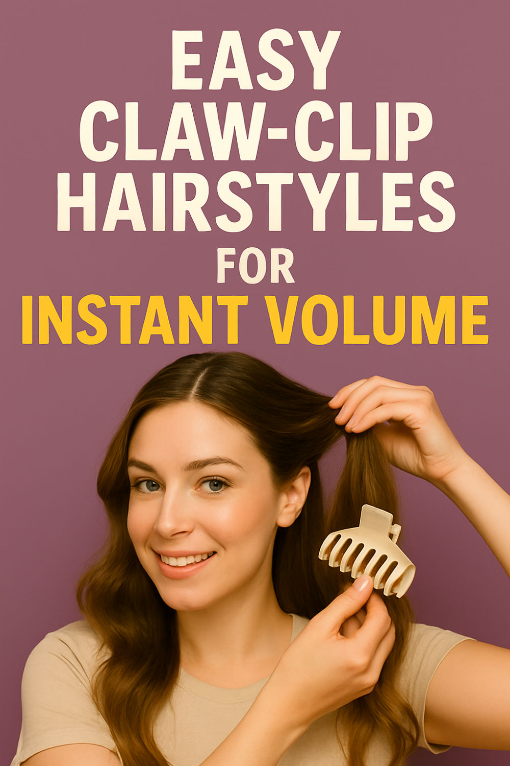 Smiling woman holds a claw clip near lifted hair sections against a purple backdrop, demonstrating easy claw-clip hairstyles for instant volume.