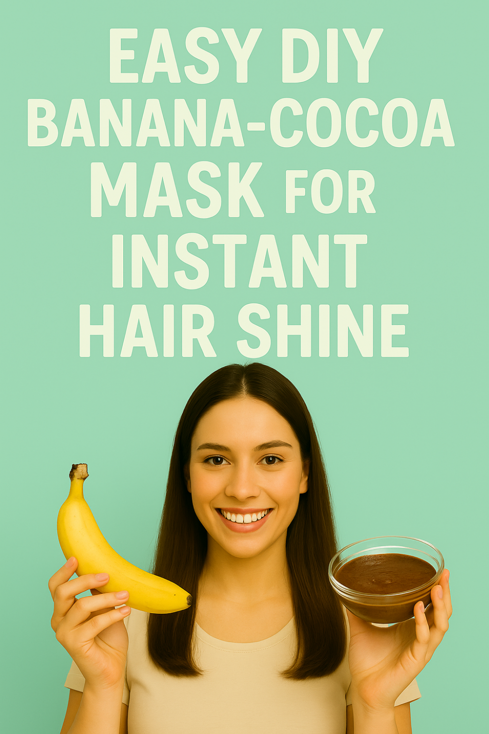 Smiling woman holds a ripe banana in one hand and a bowl of cocoa hair mask in the other against a mint-green backdrop, illustrating an easy DIY banana–cocoa mask for instant hair shine.