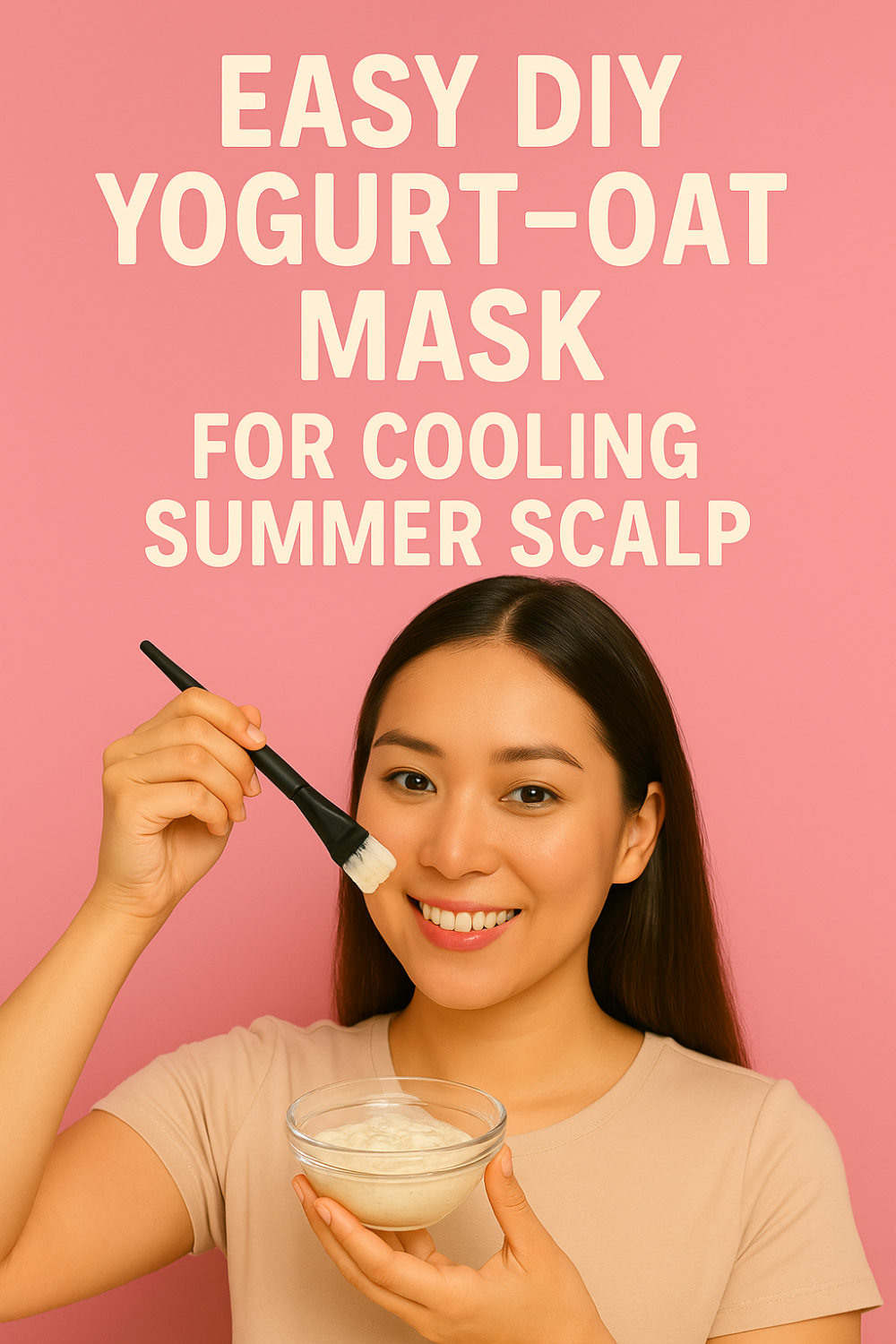 Woman smiles as she holds a bowl of yogurt-oat mask and brushes it onto her scalp against a pink backdrop, demonstrating an easy DIY yogurt-oat mask for a cooling summer scalp.
