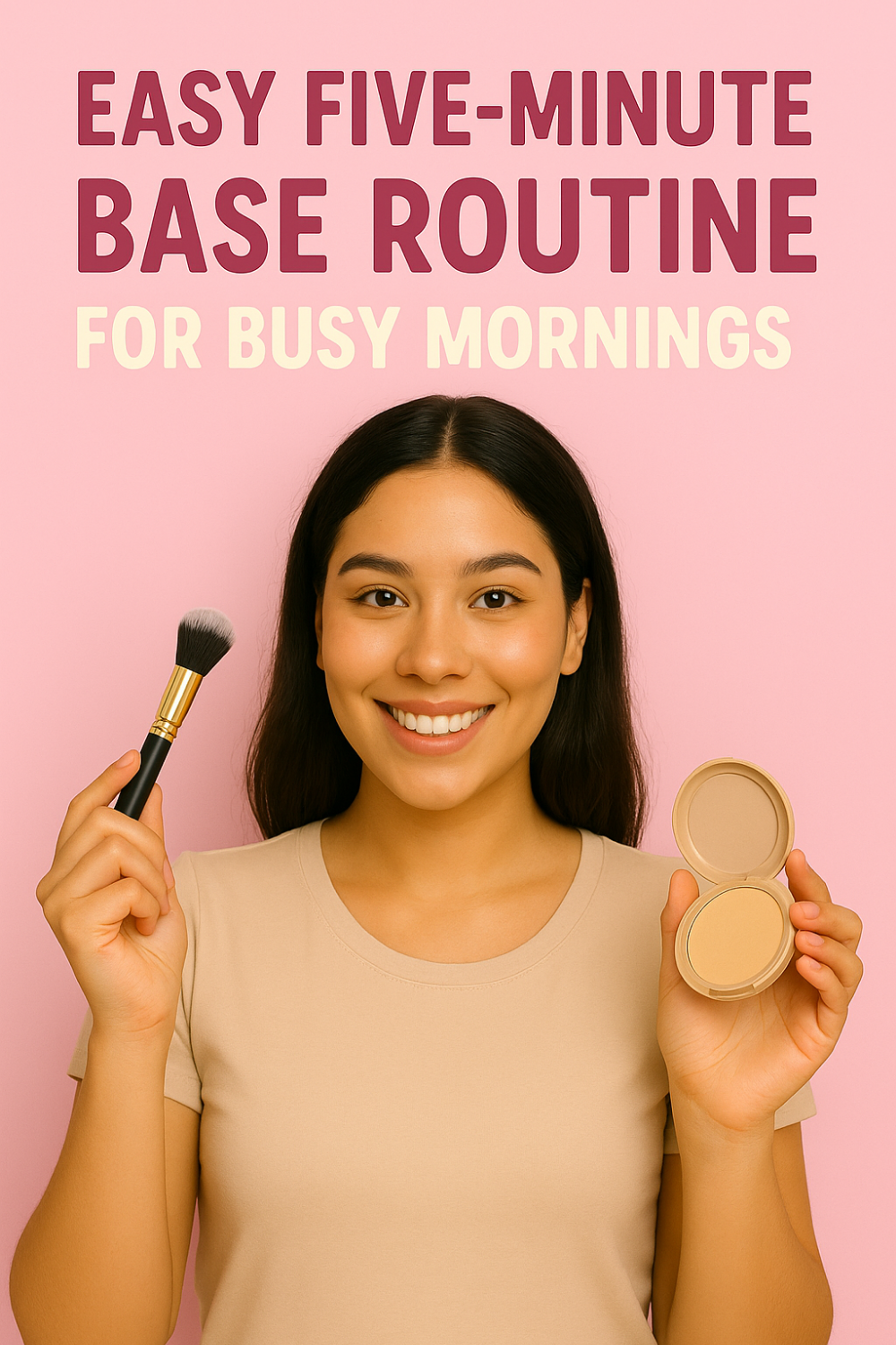Woman holding a makeup brush and open powder compact, with the text “Easy five-minute base routine for busy mornings” above her