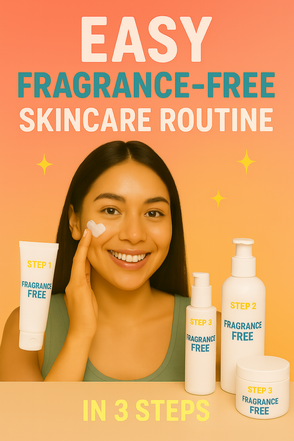 Smiling woman applying fragrance-free skincare products to her face, demonstrating an easy fragrance-free skincare routine in 3 clearly labeled steps.