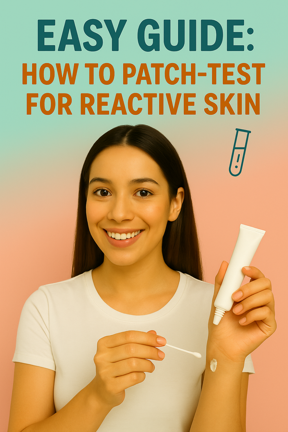 Smiling woman holding a tube of cream and cotton swab, applying a small dab of product to her forearm as an easy guide on how to patch-test for reactive skin.